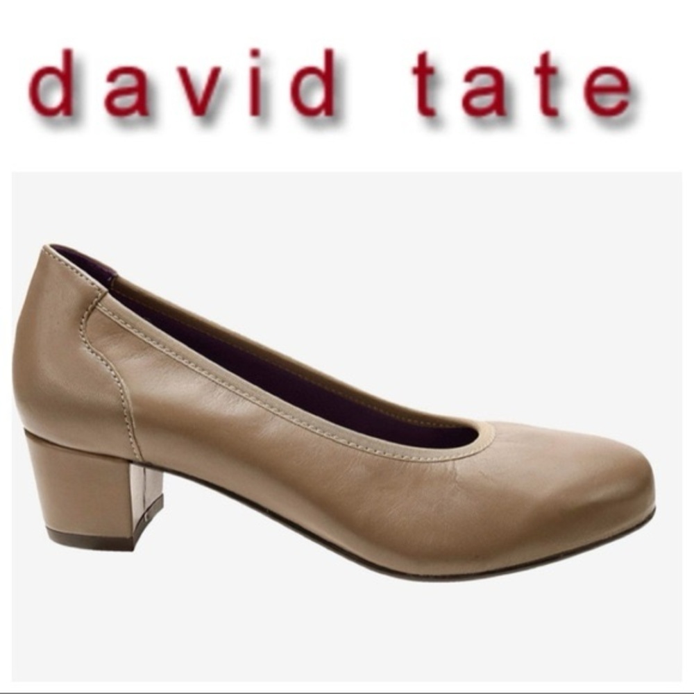 David Tate leather simona low block heel taupe